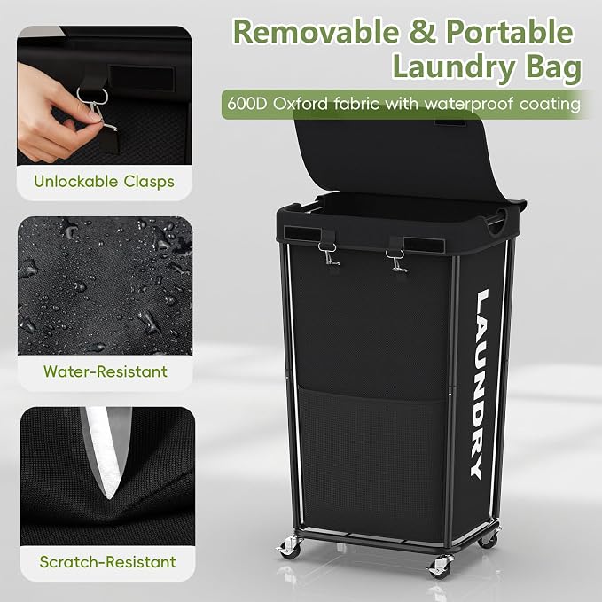 Laundry Hamper with Wheels and Lid, 110L Large Rolling Laundry Basket Black | Heavy Duty Clothes Organizer, Sturdy Metal Frame, Lockable Swivel Casters, Removable Bag, For Bedroom, Bathroom, Laundry Room
