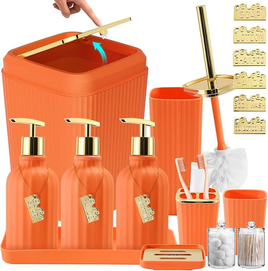 17PCS Bathroom Accessories Set, Orange Bathroom Set Bathroom Accessories Set with Trash Can, Toilet Brush, Toothbrush Holder, Qtip Holder & 3PCS Soap Dispenser