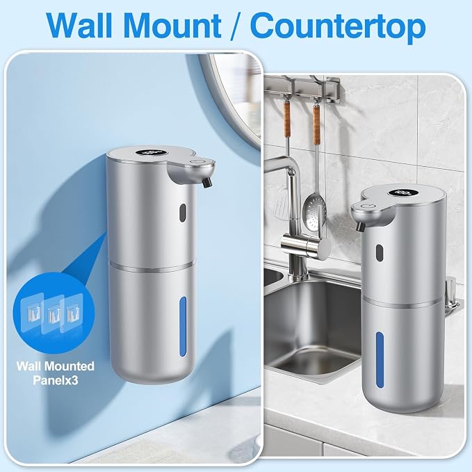 Fachixy Automatic Liquid Soap Dispenser Touchless, Smart Digital Display | 12.8oz/380mL, Up to 90 Days Battery Life, 6 Adjustable Level, Rechargeable, Wall Mountable IPX5 for Kitchen & Bathroom,Silver