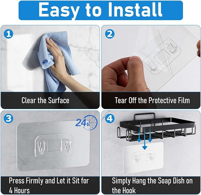 2 Pack Soap Holder with 4 Hooks for Shower, No-Drilling Soap Dish | Waterproof Stainless Steel Bar Soap for Bathroom Bathtub Kitchen Sink - Black