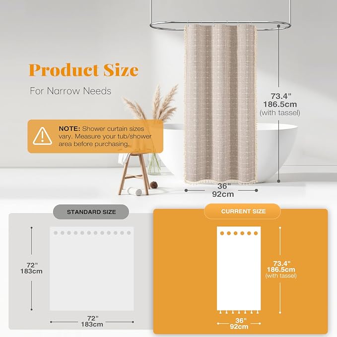 Stall Boho Farmhouse Linen Heavy Duty Shower Curtain, 36x72, Tan/Taupe | Half Size, 330GSM Linen Blend, 3-side Tassels, Water Repellent Fabric, 6 Plastic Hooks, Rustic Bohemian, Machine Washable