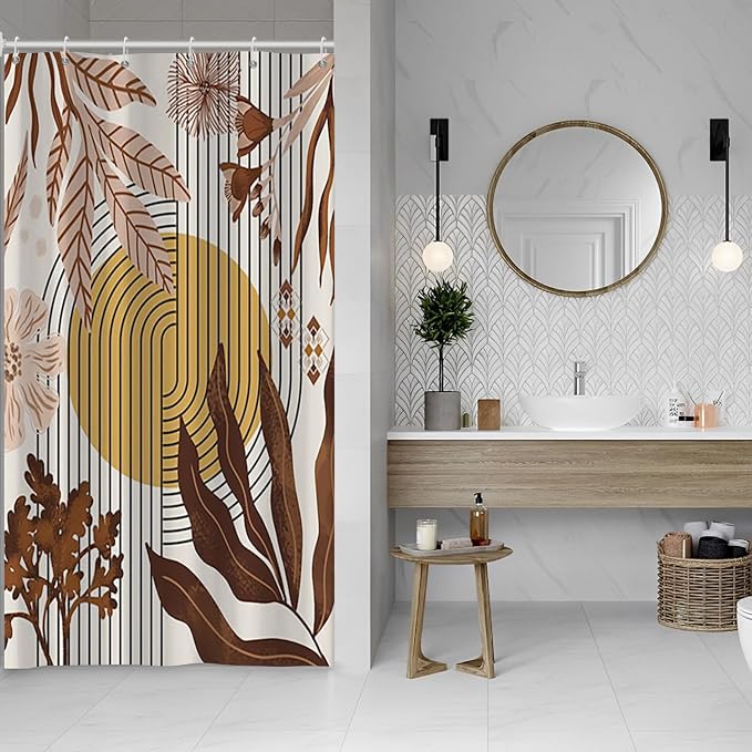 Boho Brown Stall Shower Curtain with Hooks 48x72 Inch | Waterproof Small Abstract Tan Floral and Leaves Bathroom Curtain for Shower Stall, Mid Century Bathroom Decor