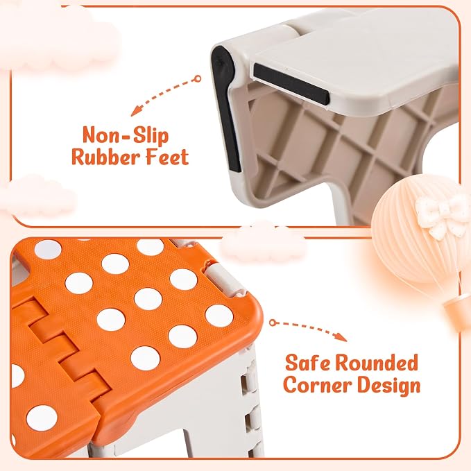 Folding Step Stool 9 Inch for Kids, 300 lbs, Bicolor Orange | Lightweight Plastic Small Foldable Step Stool with Handle, Non-Slip, for Kitchen, Bathroom, Bedroom and Closet