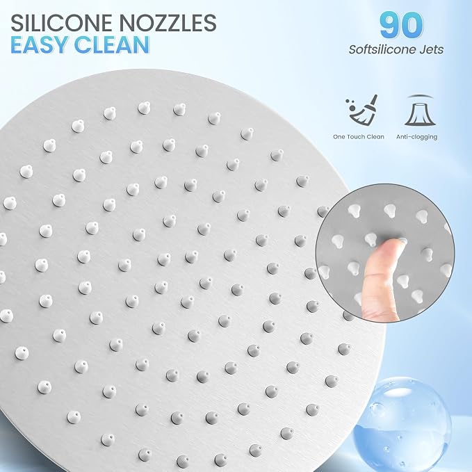 Brushed Nickel Round Rainfall Shower Head, All Metal Stainless Steel Rain Shower Heads with 90 Anti-Clog Silicone Nozzles, Wall or Ceiling Mount, 8 inch
