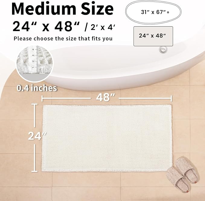 White Bathroom Rugs, Waffle Bath Mat Non Slip Washable, 24" x 48" | Super Absorbent Quick Dry Bath Mat, Boho Bathroom Mats, Soft Waffle Weave Farmhouse Bathroom Decor for Shower or Tub