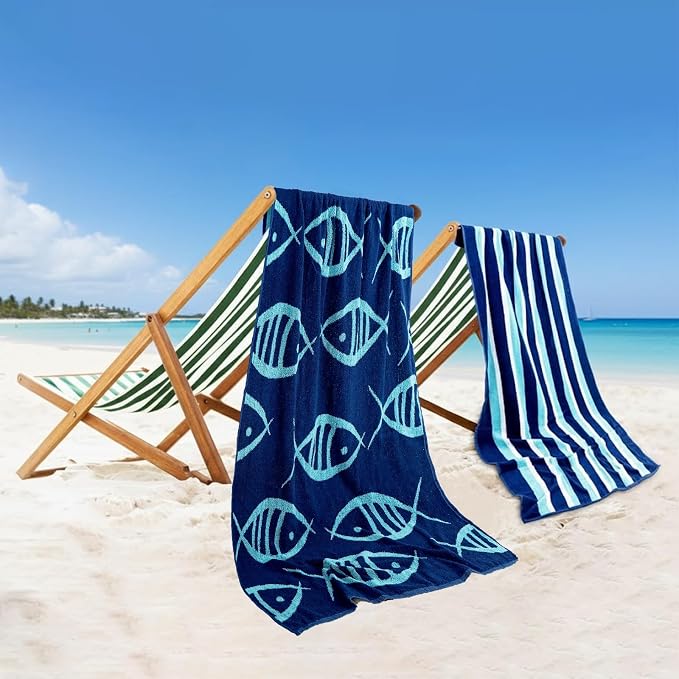CASA COPENHAGEN Miami Bath Sheets Designed in Denmark Rough and Tough, Quick Dry, for Pool, Bath & Shower 35"x70", 2 Pieces Cotton Beach Towels Set - Fish Navy + Turquoise Stripe