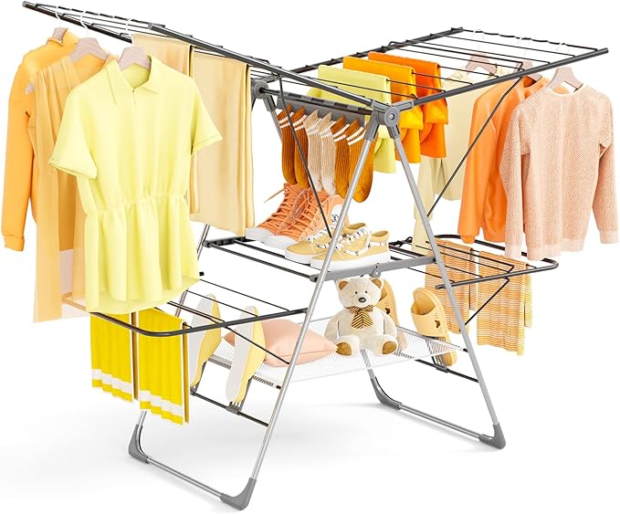 Clothes Drying Rack Foldable, 2-Tier Stainless Steel Heavy Duty Laundry Rack with Adjustable Height Wings, Sock Clips, Space Saving Drying Rack Clothing for Indoor & Outdoor, Apartment, Balcony
