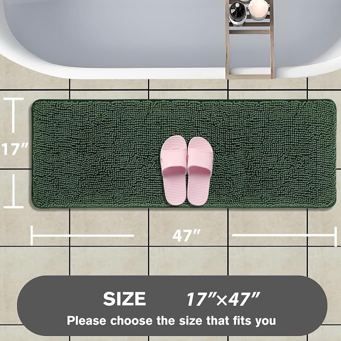 Bathroom Runner Rug 47 x 17 Inch – Long Bath Mat | Absorbent and Washable Thick Chenille Bath Rug Non-Slip Runner Rug for Bathroom, Shower, Sink(Hunter Green)