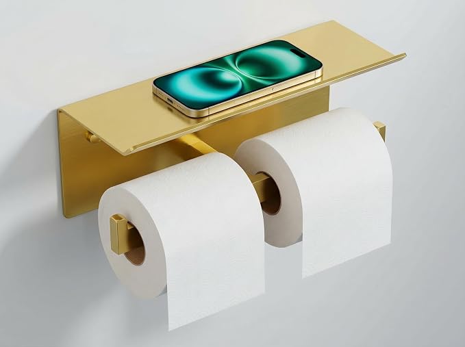 FORIOUS Toilet Paper Holder with Shelf, Commercial Toilet Paper Dispenser | Brushed Gold | SUS304 Stainless Steel Wall Mount Double Bathroom Tissue Roll Holder for Hotel, Apartments, etc