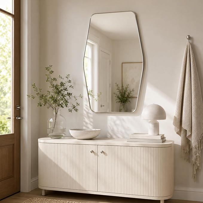 Brushed Nickel Tapered Rectangle Bathroom Mirror, 24x36 Inch | Aluminum alloy frame, tempered glass, two-way keyhole mount, for bedroom, hallway, console