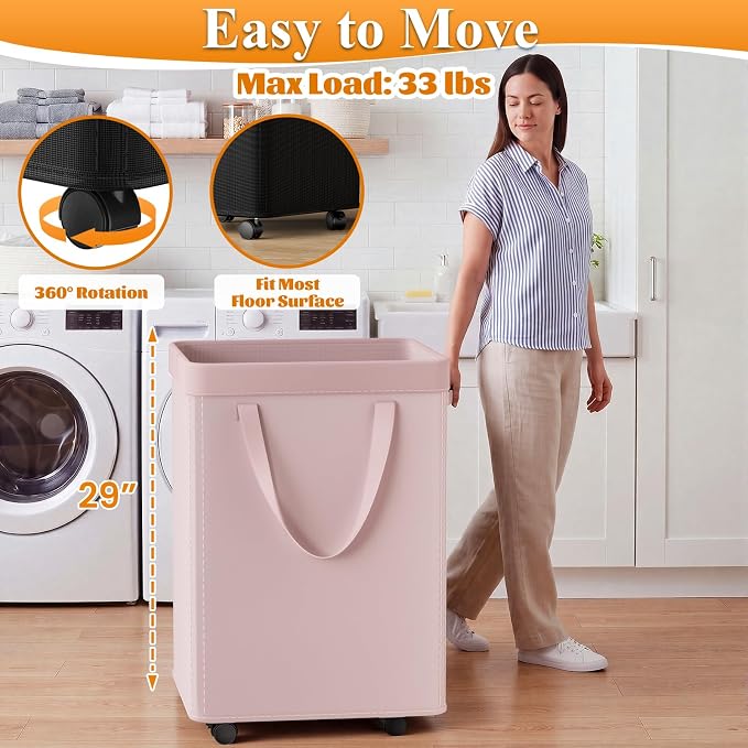 Optish 140L Laundry Hamper with Wheels, Rolling Laundry Basket with Removable Mesh Bag, Extra Large Clothes Hamper on Wheel for Bedroom, Bathroom, Dorm Room Essentials, Pink