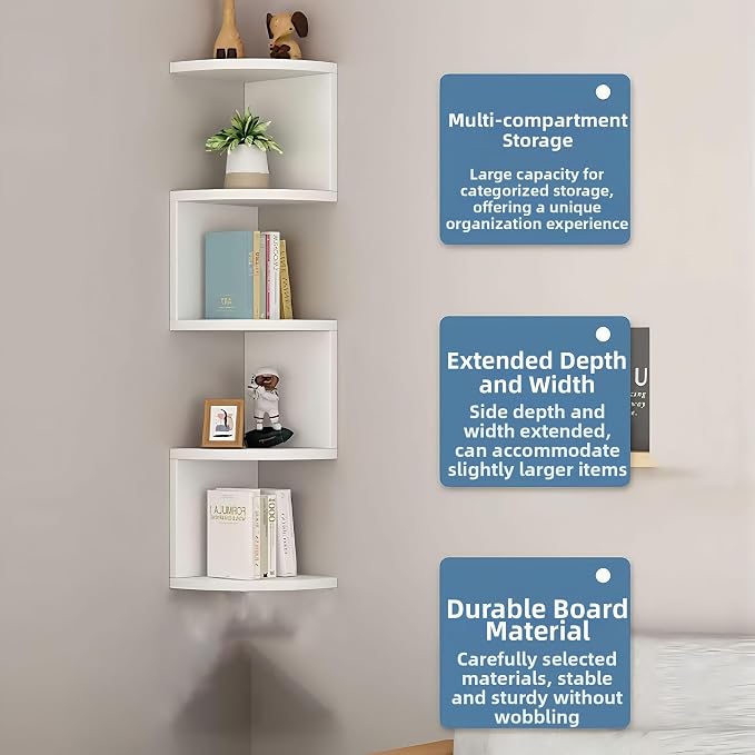 5-Tier Corner Shelf Wall Mount, Screw-Mounted Floating Bookshelf with Enhanced Support, Space-Saving Zigzag Shelf for Bedroom, Living Room, Office, Garage – (White)