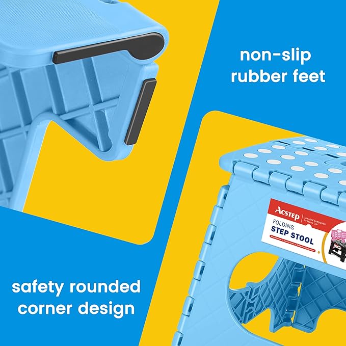 11 Inch Folding Step Stool for Kids, Non-Slip Foldable Stools, Blue | Heavy Duty Collapsible Foot Stool, Lightweight with Built-in Handle, Holds 300 lb for Adults Kitchen Bathroom Bedroom Outdoor