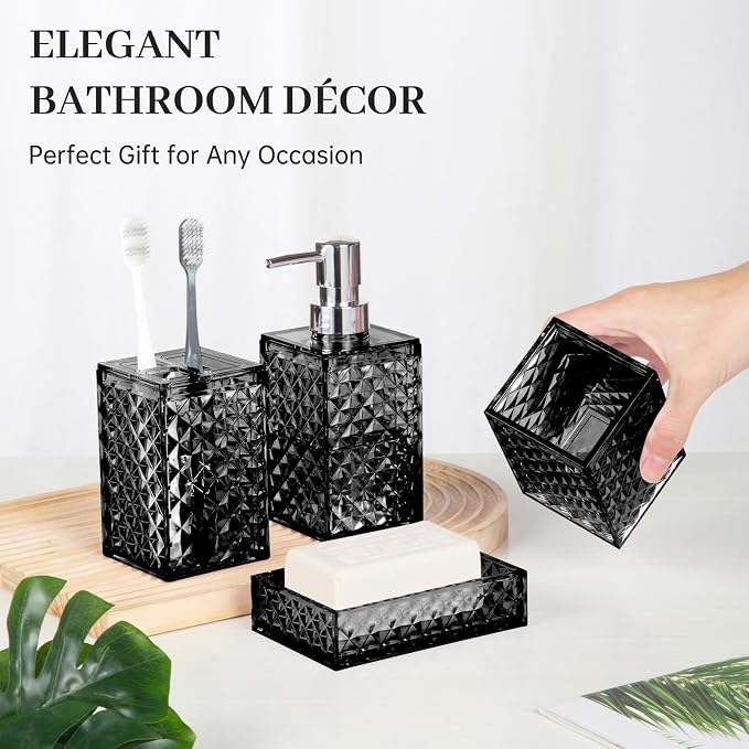 Bathroom Accessory Set, Grid Pattern 4 Pcs Plastic Bathroom Set, Black | Include Soap Dispenser, Soap Dish, Toothbrush Holder, Mouthwash Cup, Modern Bathroom Decor Set
