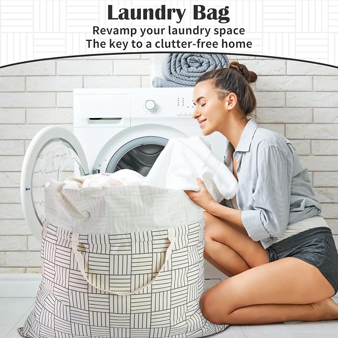 Canvas Laundry Bag with Handles & Drawstring, XL 33"Wx 35"H,Geometry Grid | Extra Large Heavy Duty Washable Basket Liner Hamper Liner Replacement, Thick Canvas Storage Sack, 1Pack