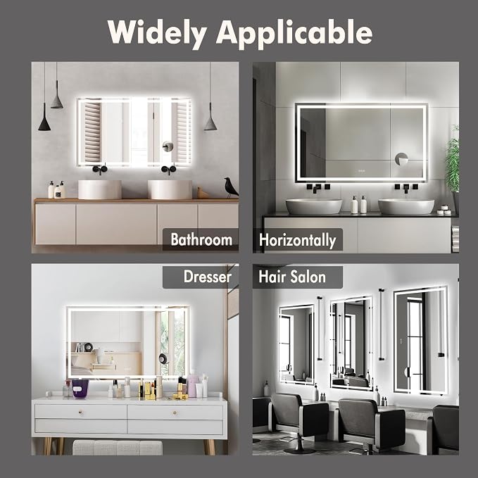 Large LED Bathroom Mirror 60x36 Inch - Frontlit & Backlit Frameless Wall Vanity Mirror with Stepless Dimming, Adjustable Color Temp, Anti-Fog Defogger, Smart Memory & 3X Suction Mirror, Sha
