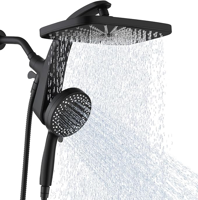 12" High Pressue Rain Shower Head with Handheld, 9 Sprays Hand Showerhead | Shower Heads with Handheld Spray Combo, Dual Head, Built-in Magnetic Docking, Power Jets, 59" Shower Hose, Black 1.8GPM