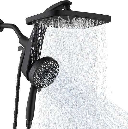 12" High Pressue Rain Shower Head with Handheld, 9 Sprays Hand Showerhead | Shower Heads with Handheld Spray Combo, Dual Head, Built-in Magnetic Docking, Power Jets, 59" Shower Hose, Black 1.75GPM
