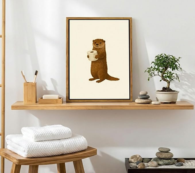 Floating Framed Funny Bathroom Otter Canvas Wall Art Cute Otter Painting Picture Wall Decor Humor Bathroom Animal Poster Print Artwork for Washroom Bathroom Toilet Home Decoration 16x24in