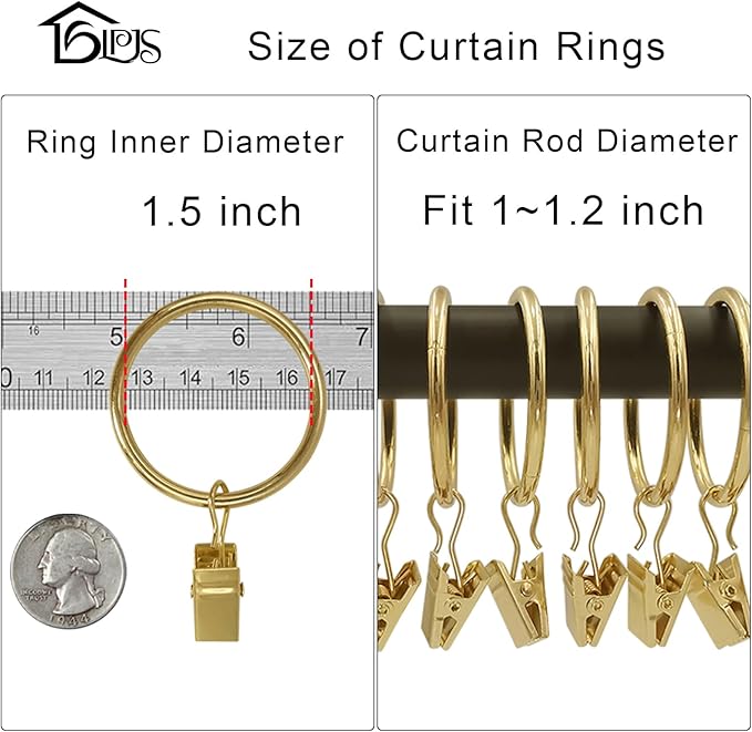LLPJS 60 Pack Metal Curtain Rings with Clips, Curtain Clip Rings Hooks for Hanging Drapery Drapes Bows, Curtain Rod Rings 1.5 inch Interior Diameter, Gold