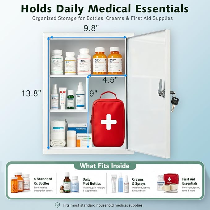 KYODOLED Wall Mount Locking Medicine Cabinet, Large Capacity First Aid Cabinet for Bathroom, Medicine Cabinet with Key, Secure Steel Lock Box for Medication, 15.75" H x 11.82" W x 4.72" D, White