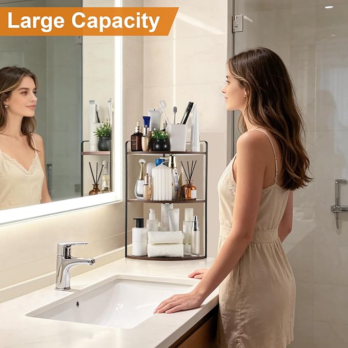 3 Tier Corner Bathroom Counter Organizer, Gray Brown | Countertop Sink Organizer Rack, Wooden and Metal Counter Shelf, Space Saving Corner Bathroom & Vanity