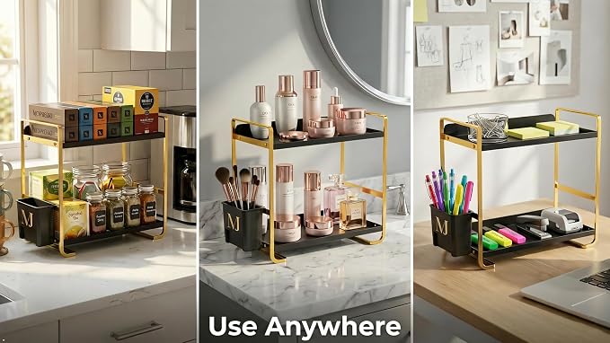 2 Tier Bathroom Countertop Organizer, Black and Gold | Side Caddy, Metal Construction, Slim Counter Storage Rack, For Vanity