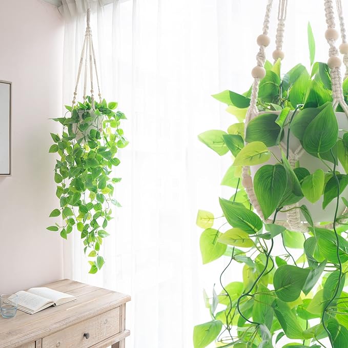 Mkono Fake Hanging Plant, Macrame Hanger with Pothos Vines & Pot, Ivory 2Pc | Artificial Hanging Plants for Home Decor Indoor, Realistic Look, Perfect for Bedroom Bathroom Kitchen Office Boho Display