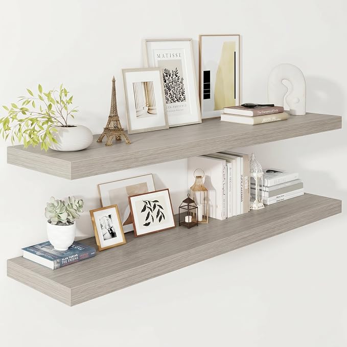 Vivelove Deep Floating Shelves 48x12” Set of 2, Grey | Easy Install With Hardware, 2" Thick, Invisible Brackets, Wall Mounted, No Sagging, For Any Room
