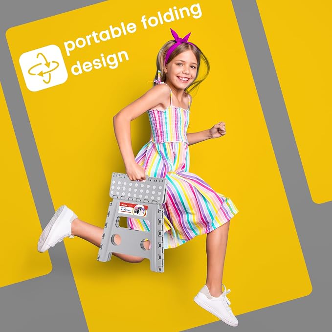 13" Folding Step Stool, Non-Slip Foldable Stools for Adults, Gray | Heavy Duty Portable Collapsible Foot Stepping Stool, Holds 300 lb for Kitchen Bathroom Outdoor, Lightweight, Built-in Handle