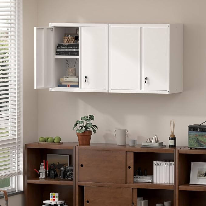 Metal Wall Cabinet, Steel Locking Cabinet for Office, Home Office Cabinets with Doors and Shelves, Garage Cabinets for Utility Room, Laundry Room