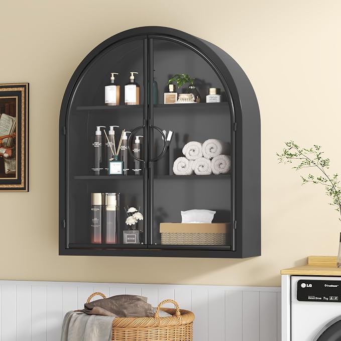 Arched Wall Cabinet with Clear Glass Door, NO Assembly | Full Metal Frame, 10MM Shelves, Handcrafted Arched Design, 40-lb per Tier, 5MM Tempered Glass, for Bathroom Wall Medicine