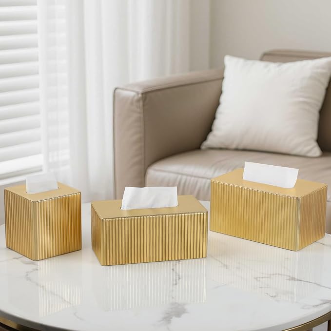 PU Leather Tissue Box Cover Rectangle, Tissue Box Holder Gold | Inner Height 4.7 Inches, Fits 180/230 Count Tissue Boxes, Non Slip Base, Rectangular Tissue Cover for Bathroom Nightstand