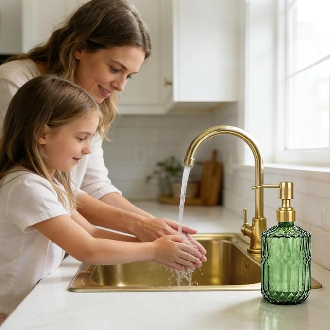 Green Glass Soap Dispenser (15.4 Oz, 1 Pack), Dish Soap Dispenser with Golden Rust Proof Pump for Kitchen Sink, Refillable Bathroom Hand Soap Lotion Dispenser