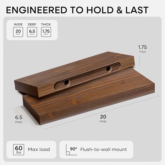 Classic Walnut 20 inch Floating Shelf, High End Solid Real Wood Small 20inch Floating Shelves for Wall Mounted, 20in Floating Shelves, Heavy Duty Bracket, 20 X 6.5 X 1.75 inches, Set of 4