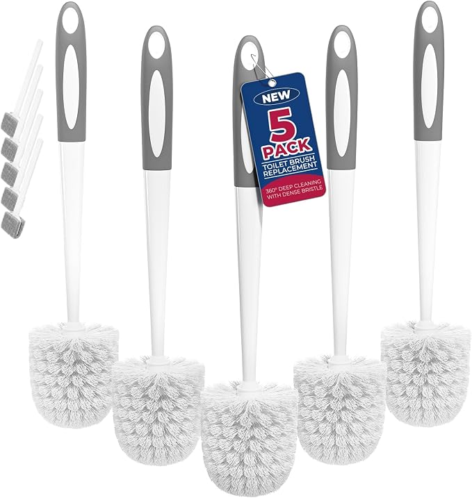 Holaloha Toilet Bowl Brush for Replacement, 5 Pack, White | Bathroom Accessories, Ergonomic Silicone Handle, Dense Bristles, Deep Cleaning, Scrubber, with 5 Groove Gap Brushes