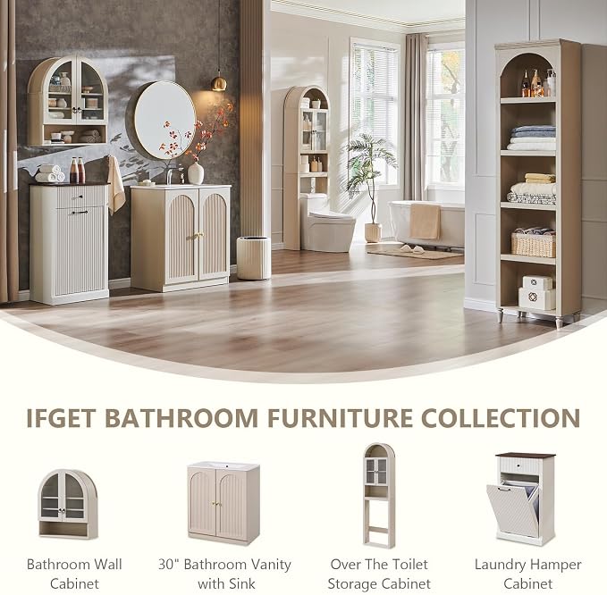 IFGET Bathroom Arched Wall Cabinet, 23.6'' Wide Medicine Cabinet with Adjustable Shelves & Acrylic Glass Doors, Over The Toilet Storage Wall Mount Cabinet for Laundry Room,Kitchen & Living Room, Cream
