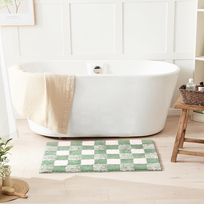 CozeCube Checkered Bath mats for Bathroom Non Slip, Plush Shaggy Bath Rugs for Bathroom Washable, Buffalo Plaid Bath mat, Sage Green, 47" x 24"