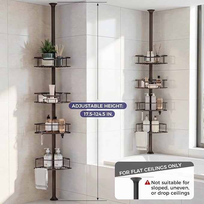 Corner Shower Caddy Tension Pole, 4-Tier Fan-Shaped Adjustable Rustproof Bathroom Organizer Shelves, 47"-125'', No-Drill Quick Installation for Inside Shower, Bathtub, Brown (BROWN)