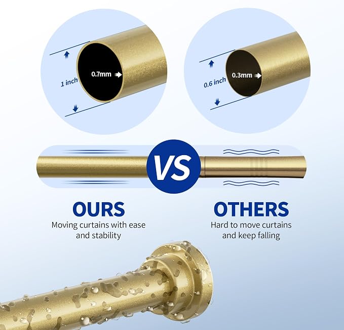 Mcrbeay Shower Curtain Rod, 1" Diameter Heavy Duty Tension Shower Rod, Non Slip Adjustable 28-102 inch No Drilling Shower Curtain Rods Spring Tension For Bathroom, Shower Stall, No Rust, Chrome Gold