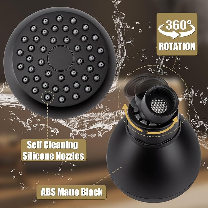 AISOSO Fixed Shower Head High Pressure 2PCS 3 Inch Showerhead Matte Black | 360 Rotatable Design, Self Cleaning Silicone Nozzles, Adjustable Swivel Brass Ball Joint for Relaxing and Comfortable Shower