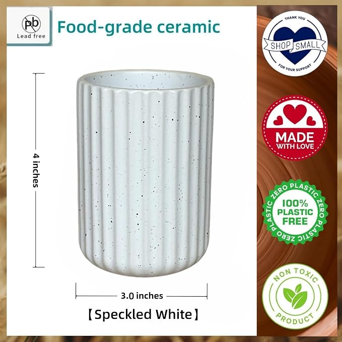 Stoneware Toothbrush Holder for Bathroom Tooth Brush Holder for Bathroom Toothbrush Cup Toothbrush Holders Cute Fluted Vertical Ribbed Stripe (Speckled White)