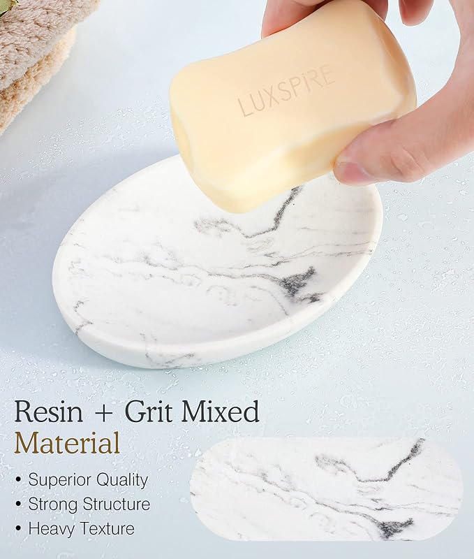 Luxspire Oval Soap Dish, Resin soap Holder for Bathroom, Gravel White | Wooden texture design, Holds bar soap, sponges, and scrubbers, For shower, bathroom, sink, and kitchen use