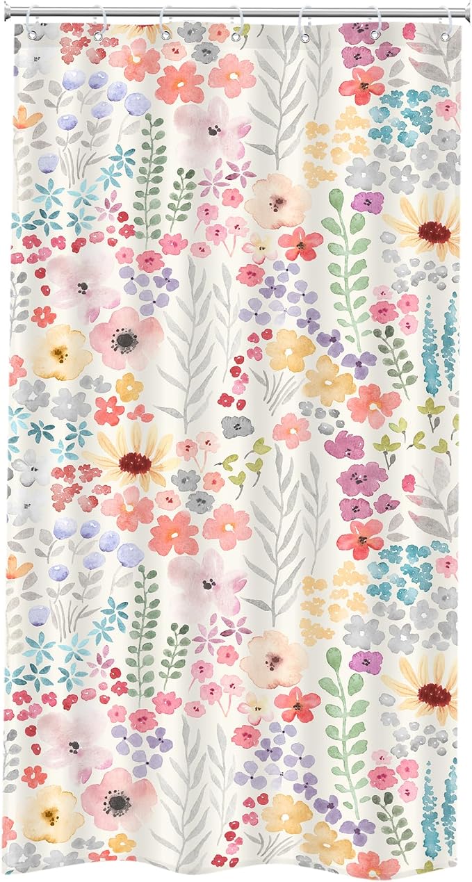 Small Stall RV Colorful Floral Wildflower Art Bathroom Shower Curtain Set | 36"W x 72"H Watercolor Leaves; waterproof HD print, quick-dry fabric with 12 hooks for easy hanging.