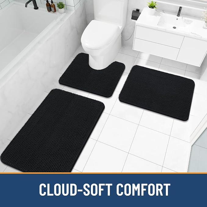 Arotive Chenille Bathroom Rugs 47x32, Soft Absorbent Bath Mat, Black | Rubber Backing, Machine Washable Dry Bath Mats for Bathroom Floor, Tub and Shower, Home Decor Accessories