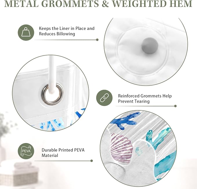 Clear Shower Curtain Liner, Sea Turtle Ocean PEVA, 72x72 Inch | Beach Coastal Waterproof Bath Plastic Shower Curtains Set with 3 Weighted Magnets and 12 Hooks for Bathroom Decor