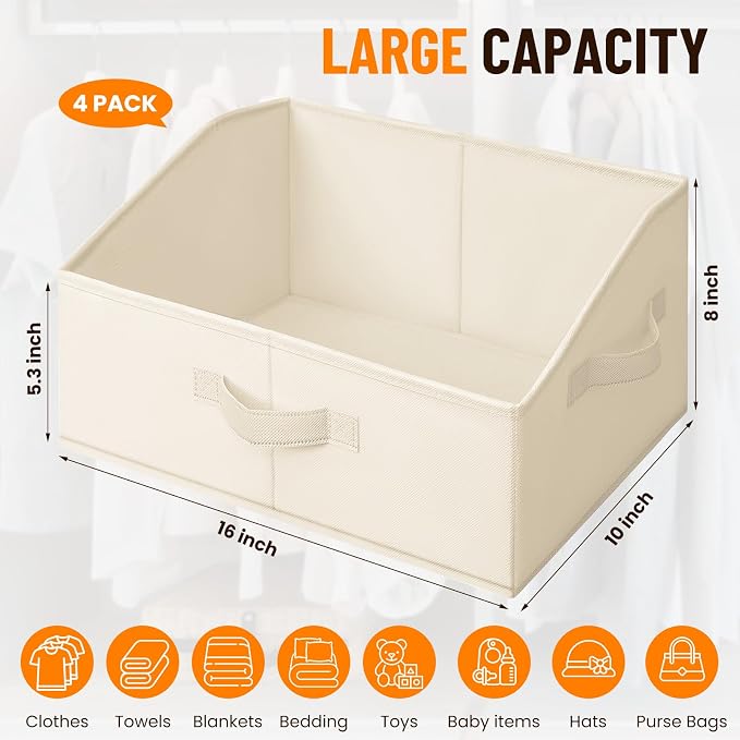 Closet Organizers Bins 4 Pack - Large Closet Shelf Organizer with Handles - Fabric Trapezoid Home Organization and Storage Baskets for Organizing Clothes Toy Blanket Towel Purse Hats