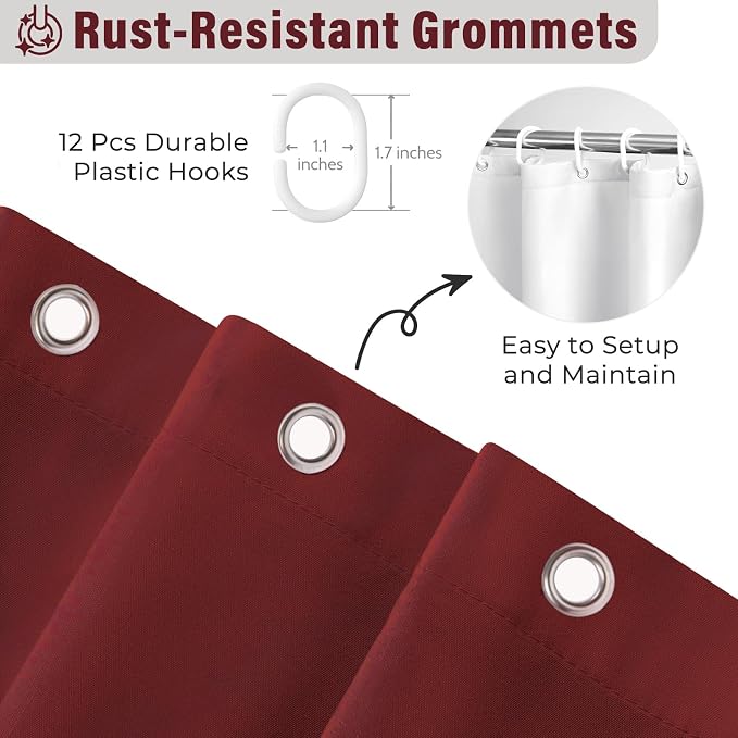Seasonwood Burgundy Shower Curtain with Nature Buttons Ruffle Shower Curtains Farmhouse Shower Curtain for Bathroom 72" W x 78" L,Burgundy/Red