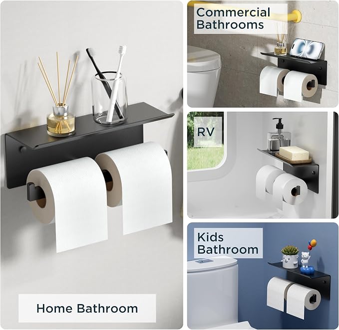 FORIOUS Toilet Paper Holder with Shelf, Commercial Toilet Paper Dispenser | Matte Black | SUS304 Stainless Steel Wall Mount Double Bathroom Tissue Roll Holder for Hotel, Apartments, etc