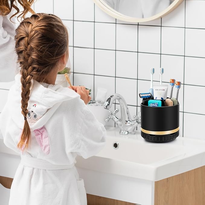 GFWARE Rotating Black Toothbrush Holder for Bathroom Organizer, Drainage | Detachable Matte Black 6 Slots Kids Electric Toothbrush and Toothpaste Holder, Bathroom Countertop Sink Storage Caddy